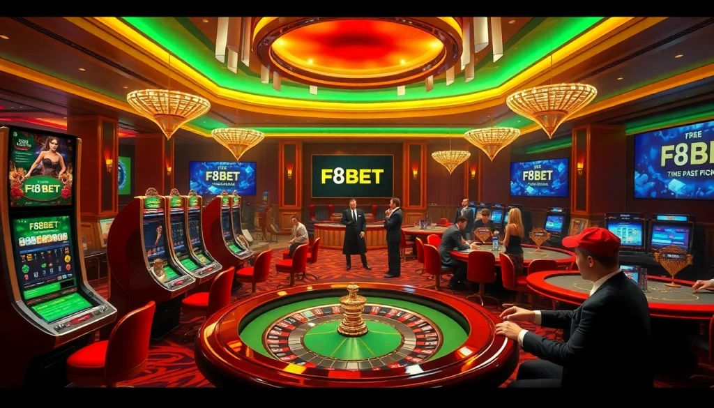 Experience the thrill of online gaming with F8BET, featuring luxurious casino tables and vibrant gameplay.