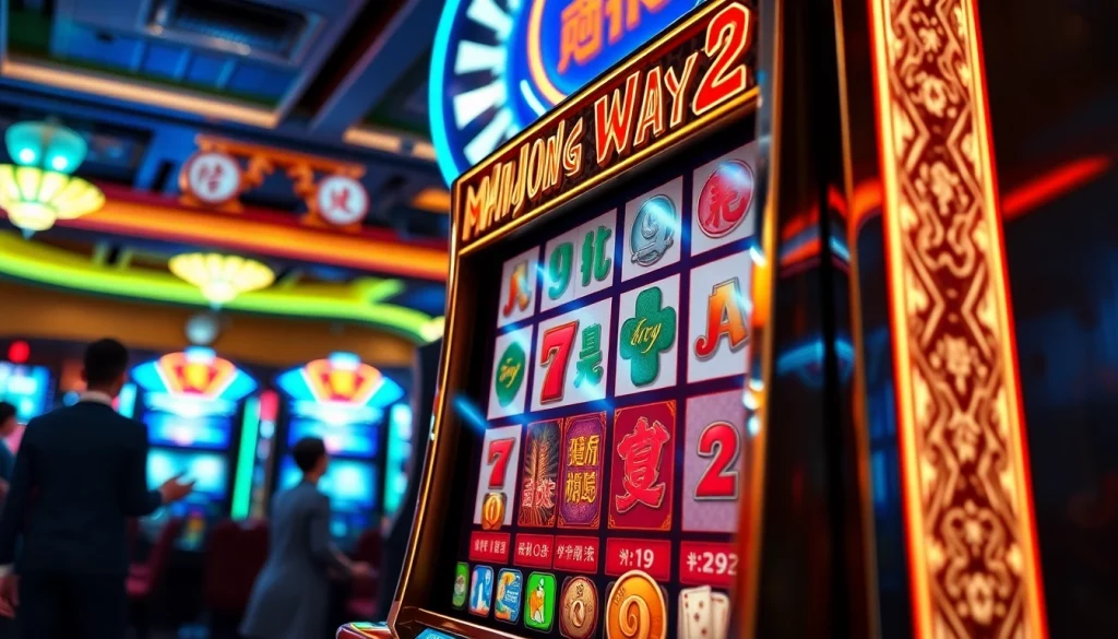 Main gameplay of Mahjong Ways 2 slot machine showcased in an animated casino atmosphere.