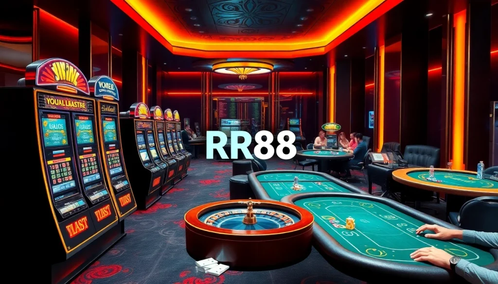 RR88 casino scene with modern slot machines and interactive poker tables enhancing the gambling experience.