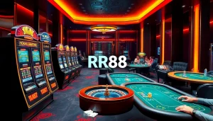 RR88 casino scene with modern slot machines and interactive poker tables enhancing the gambling experience.