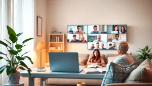 DMM英会話が安い理由を示す活気ある学習風景のイラスト。多様な学生がオンラインで英語を積極的に学んでいる様子。