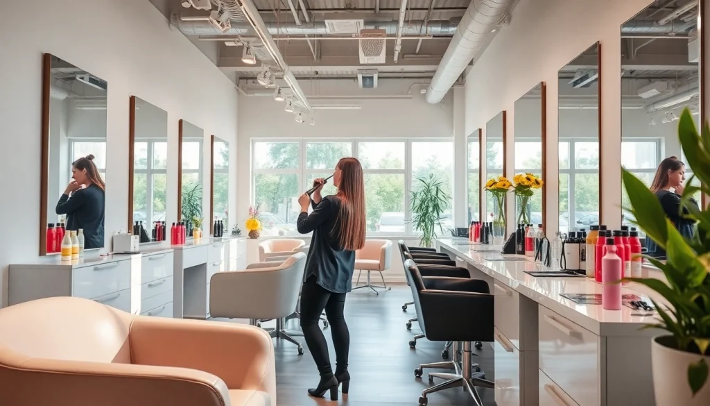 Coafat Bucuresti: A modern hair salon bustling with activity and stylish decor.