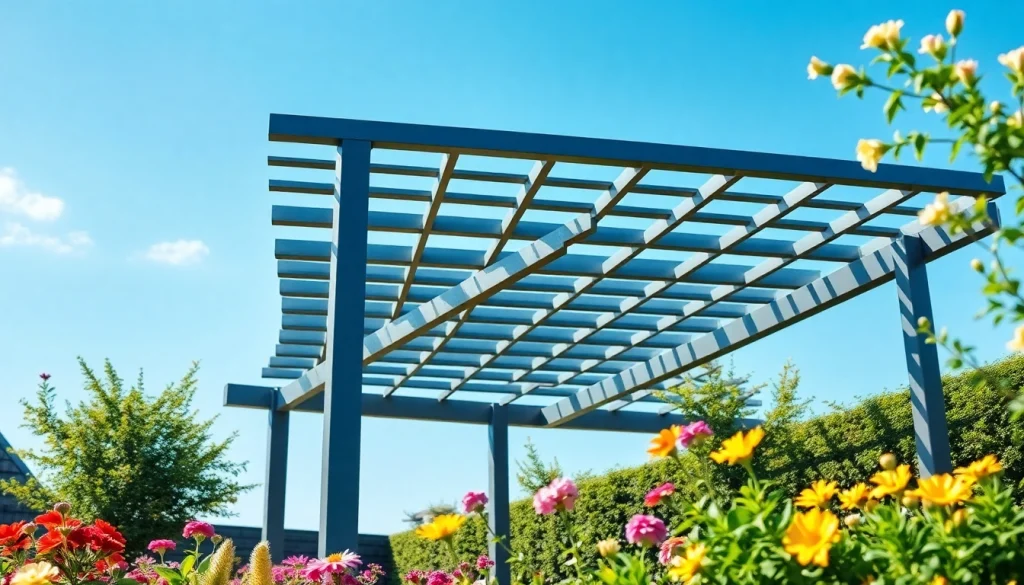 Enhance your outdoor space with a modern steel pergola surrounded by vibrant garden flowers.