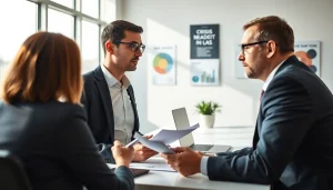 Dynamic consultation session with a crisis management consultant in a vibrant office.