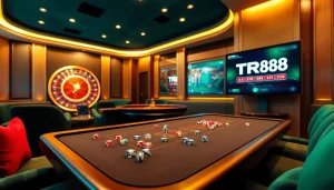 Experience high-stakes gaming at the TR88 casino table, showcasing rich poker chips and a roulette wheel.