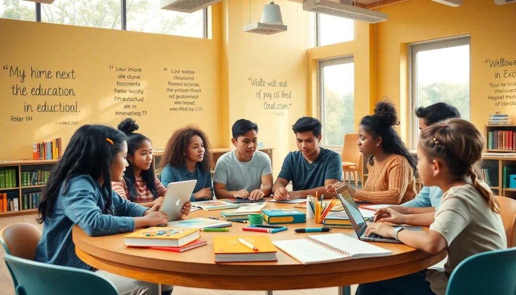 Education collaboration in a diverse classroom setting, showcasing students engaged in innovative learning.