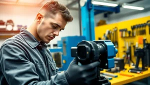 Technician operating das 140 equipment with precision in a bright workshop.