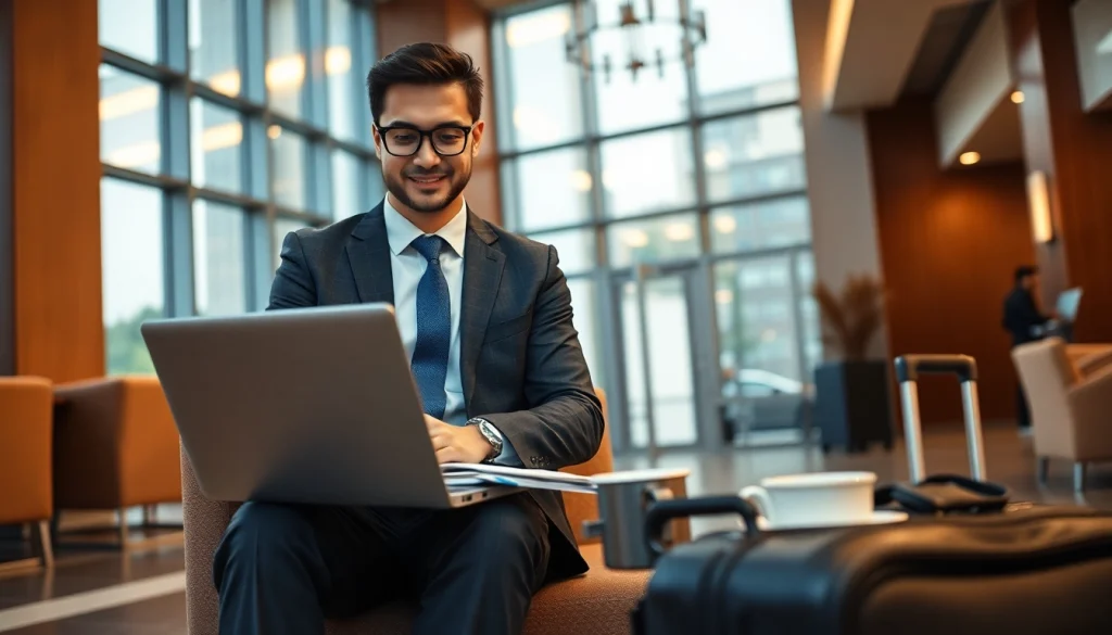 Dynamic business travel scene showcasing 출장 with a professional working in a hotel lobby.