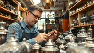 Zinn Ankauf Köln - Fachmann im antiken Laden, inspiziert exquisite Zinnartikel.