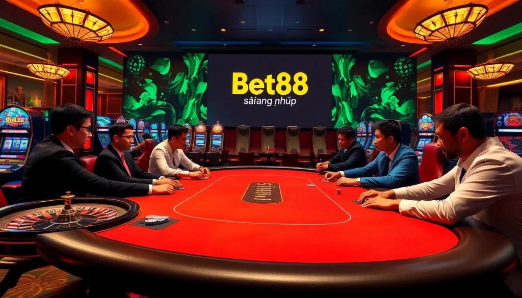 Engagement at a high-stakes poker table with Bet88 đăng nhập displayed in a vibrant casino atmosphere.