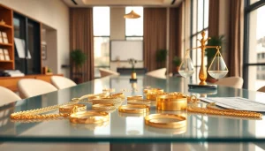 Goldankauf Kerpen präsentiert leuchtenden Goldschmuck in modernem Ambiente.