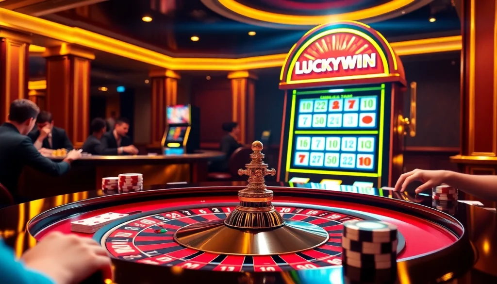 Experience the excitement of LUCKYWIN at a vibrant roulette table with colorful poker chips and cards.