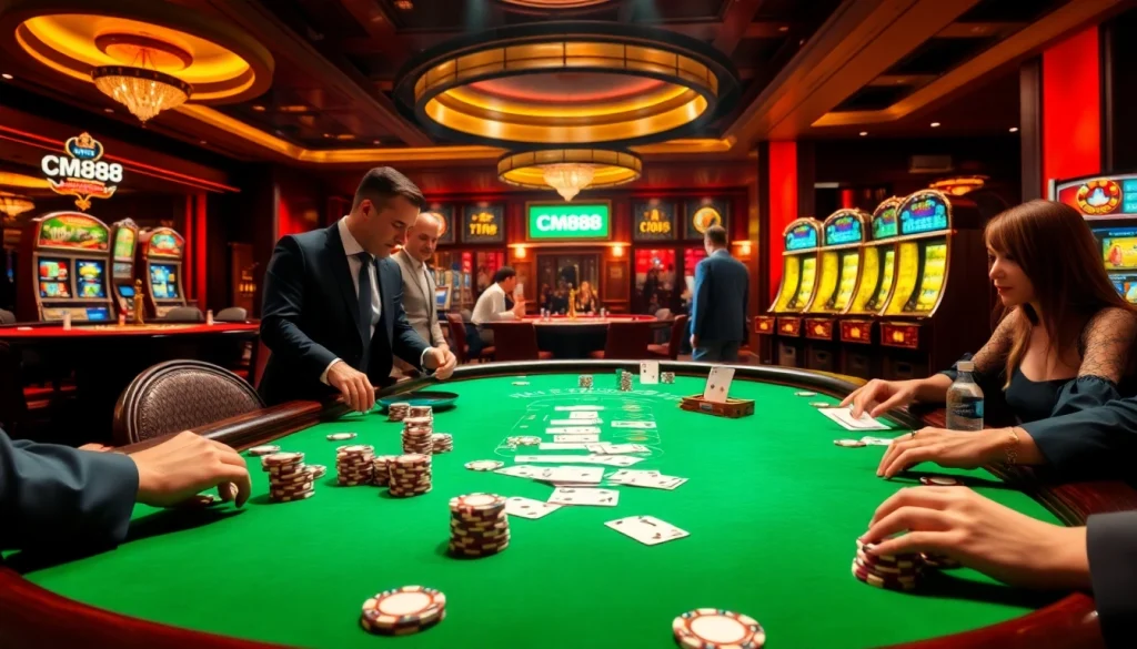 Exciting casino action featuring CM88-themed poker chips and vibrant gaming tables in a luxurious setting.