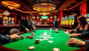 Exciting casino action featuring CM88-themed poker chips and vibrant gaming tables in a luxurious setting.