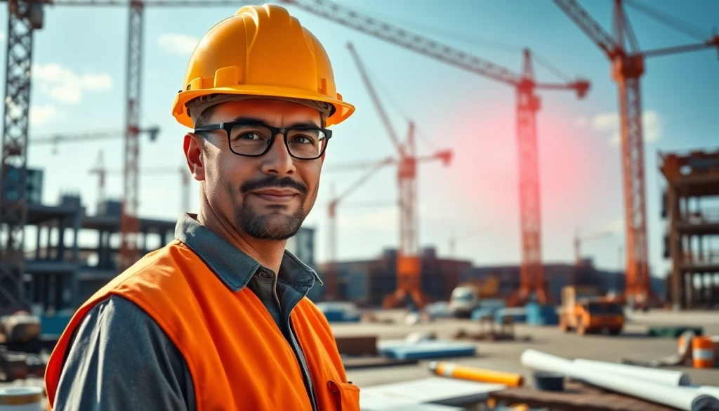 Showcasing careers in construction with a professional worker amid a busy construction site.