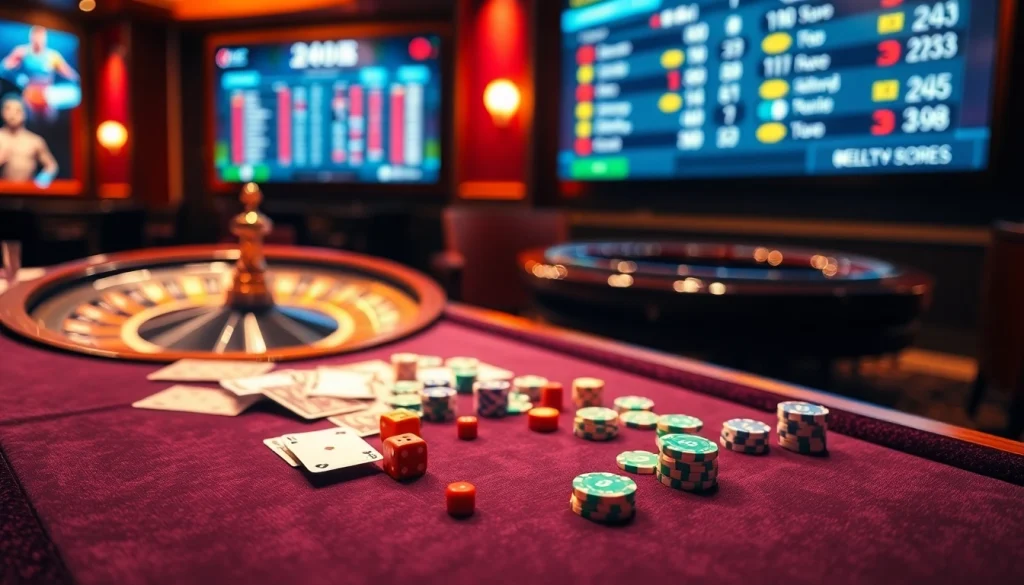 Real-time ผลบอลสด updates enhance excitement during a casino gaming experience with poker chips and cards.