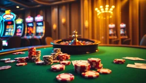 Action-packed poker scene showcasing nhà cái nova88 with luxurious chips and cards.