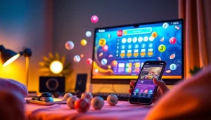 Gambar visual yang menarik dari adegan togel sumo online dengan nomor lotere berwarna-warni dan antarmuka modern.