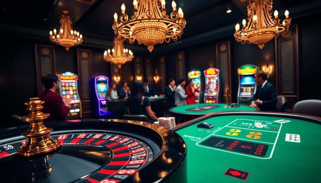 Play in the vibrant casino scene showcasing BJ38's excitement with poker chips and roulette.