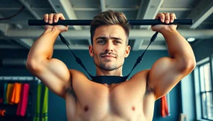 Fitness enthusiast using a pull-up assist band for support in a well-lit gym.