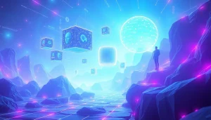 Illuminated futuristic landscape showcasing NSFW AI technology and digital avatars.