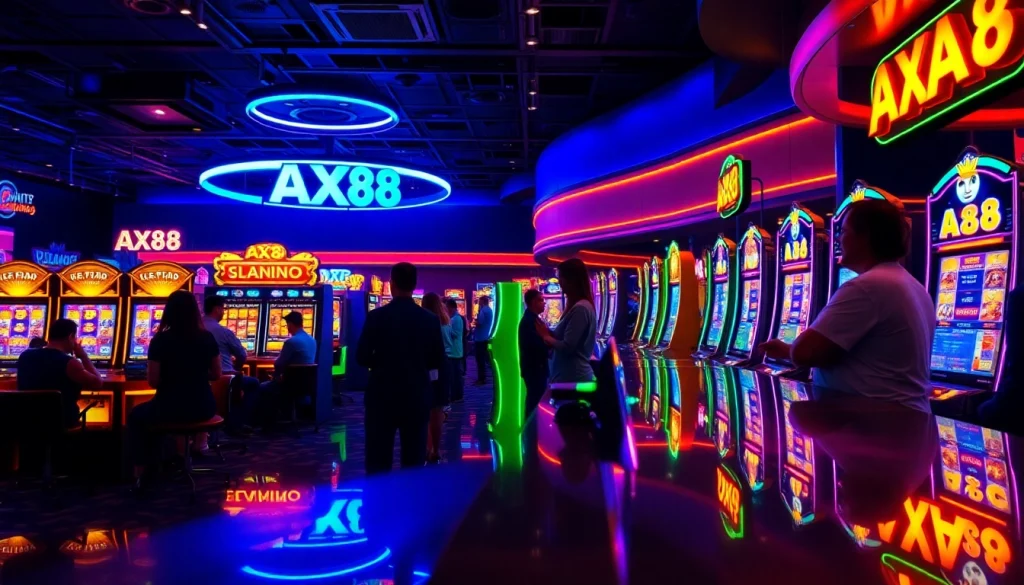 Người chơi hào hứng tận hưởng các máy đánh bạc AX88 trong một casino đầy sống động.