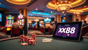 Experience thrilling gaming at https://xx88.today/ with a vibrant casino scene showcasing poker and slot machines.