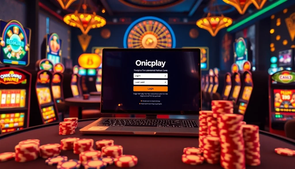 Engage in Onicplay login with vibrant casino visuals showcasing online gambling excitement.