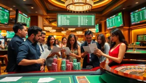 Tỷ lệ kèo nhà cái hôm nay showcased in a vibrant casino atmosphere with excited players betting on sports.