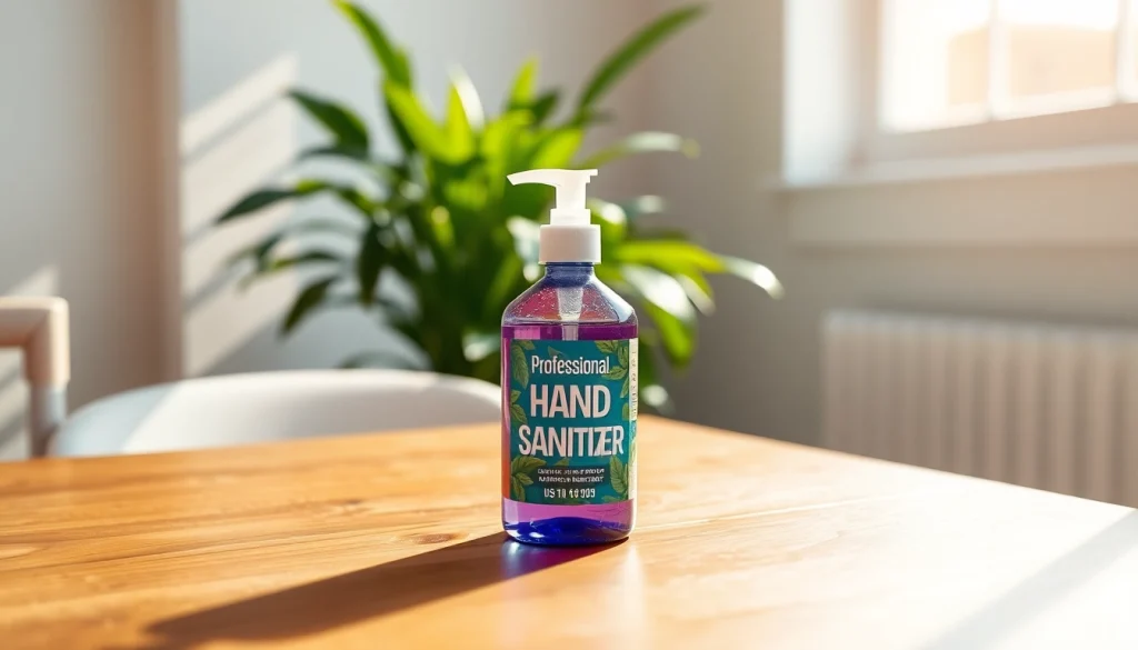 Showcase customizable hand sanitizer with unique label design on a wooden table.