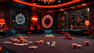 The hidden wiki dark web influenced casino scene showcasing a high-stakes poker table with glimmering chips and a roulette wheel.