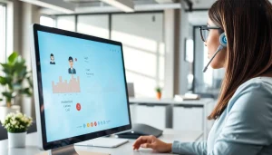 AI Receptionist engaging with a caller through an advanced digital interface in a modern office.