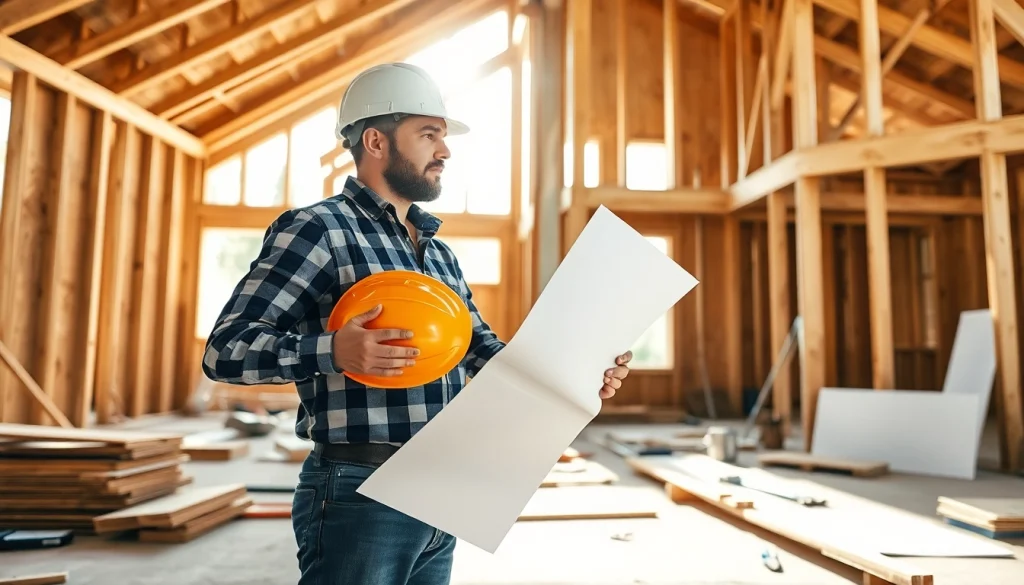 New Jersey General Contractor reviewing blueprints on a vibrant construction site.