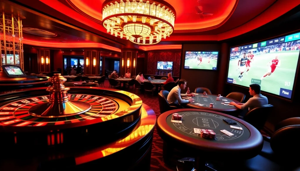 Experience trực tiếp bóng đá at a luxurious casino with high-stakes poker tables and vibrant betting screens.