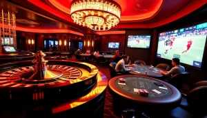 Experience trực tiếp bóng đá at a luxurious casino with high-stakes poker tables and vibrant betting screens.