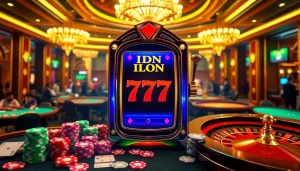 IDN Slot 777 slot machine surrounded by poker chips and roulette wheel in an elegant casino setting.
