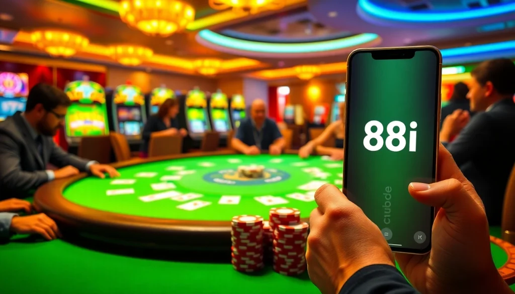 Engaged players enjoying poker at an 88i casino table surrounded by vibrant slot machines.