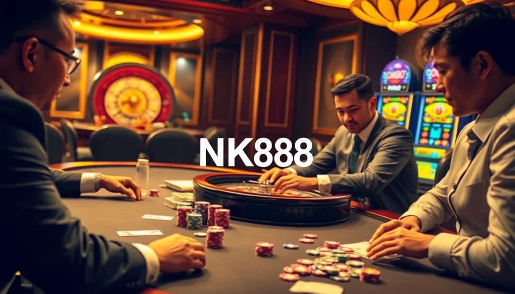 High-stakes poker game showcasing NK88 chips and a vibrant casino atmosphere.