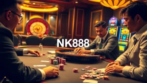High-stakes poker game showcasing NK88 chips and a vibrant casino atmosphere.