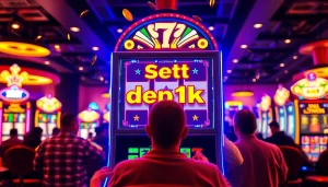 Permainan slot depo 1k yang menarik dengan lampu berwarna cerah dan koin berjatuhan.