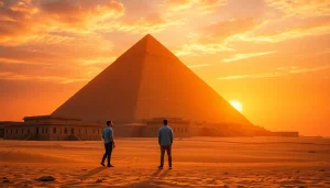Admiring the iconic piraminds of Egypt as a traveler gazes up at their grandeur.
