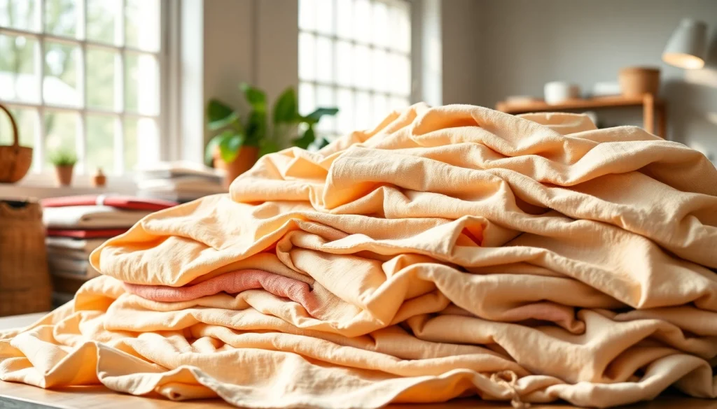 Bekijk linnen stoffen in verschillende kleuren en texturen op een sfeervolle achtergrond.