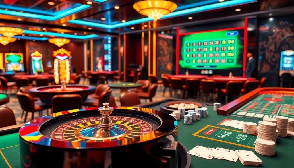Gamblers enjoying the thrilling atmosphere at MM88 KJC casino, featuring vibrant gaming tables and machines.