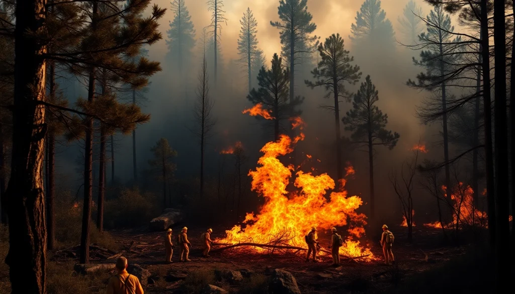 Visual representation of wildfire events showing a controlled burn with fire control teams in action.