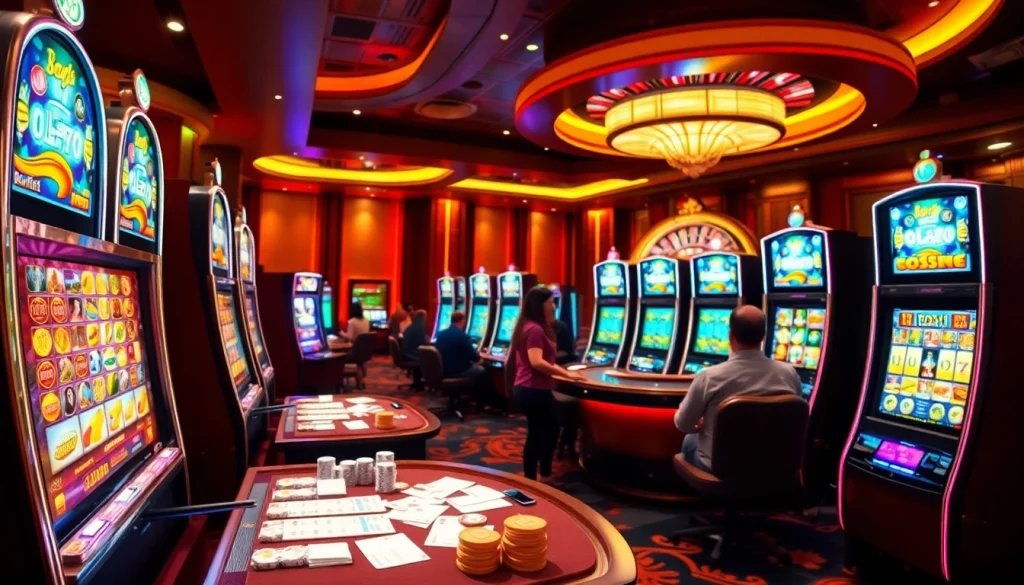 Pemain yang menikmati permainan slot pulsa di kasino yang ramai dengan mesin slot yang menarik.