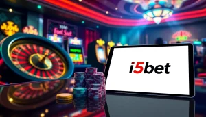 Gambling excitement at https://i5bet.it.com/ featuring a luxurious casino scene with a roulette wheel and poker chips.