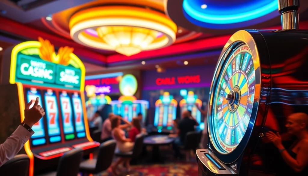 Menggenggam hoki77 dengan mesin slot berkilau dan pemain yang bersuka cita.