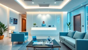 包茎クリニックの歓迎ムードを示す医療クリニックで、親しみやすい受付とリラックスできる雰囲気。