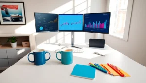 Brightet digital marketing analysis setup showcasing creative workspace and analytics displays.