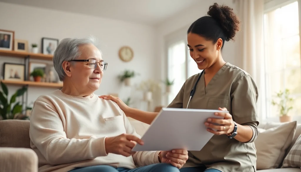 Providing in home senior care with a dedicated caregiver assisting a senior in a warm, inviting home.